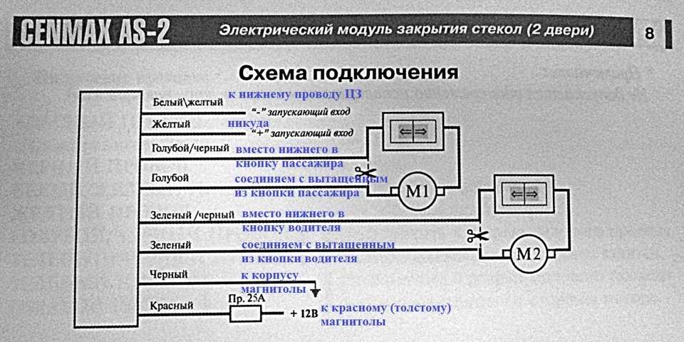 Схема подключения доводчика стекол к сигнализации